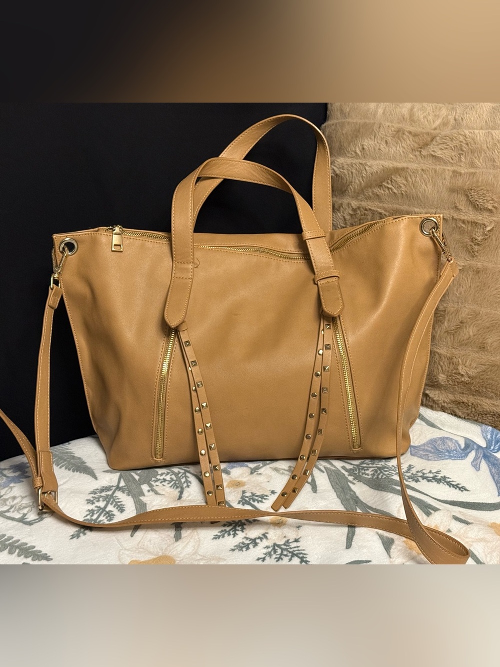 Steve Madden Tan Studded Tassel Tote – Large Boho Shoulder Bag - Picture 2 of 7
